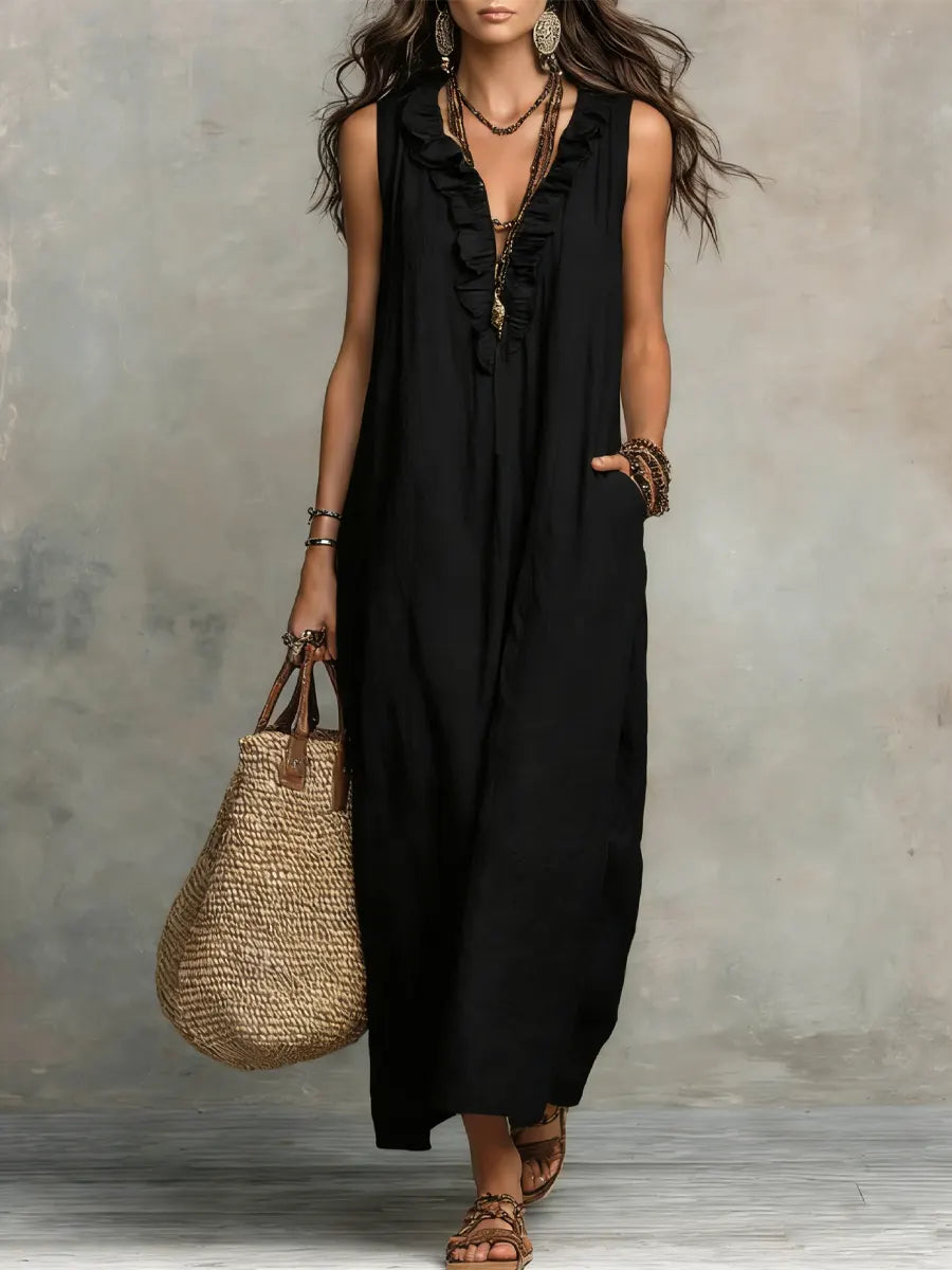 Solid V-Neck Ruffle-Trim Maxi Dress