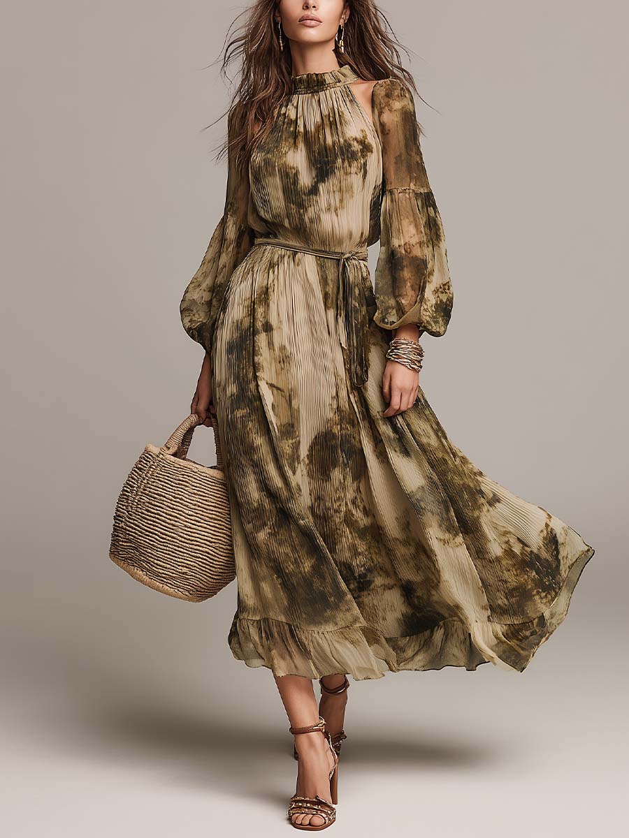 Bohemian-style Printed Pleated Chiffon Maxi Dress With A Tie-waist Belt.