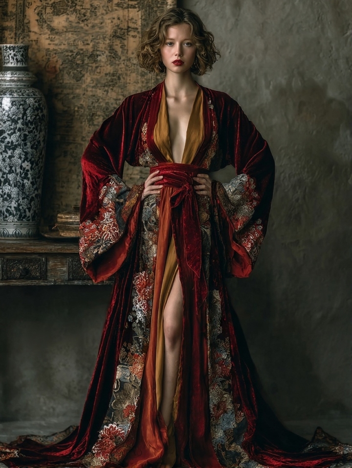 Women's Retro Fit Red Velvet Robe (belt Included)