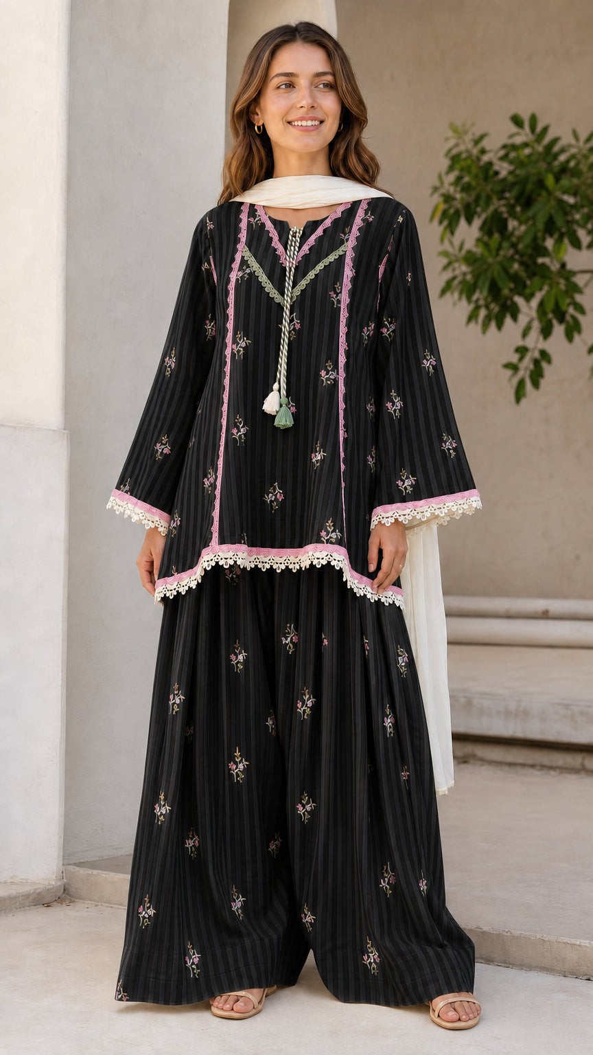 Ethnic Striped Kurti with Sharara and Dupatta Set