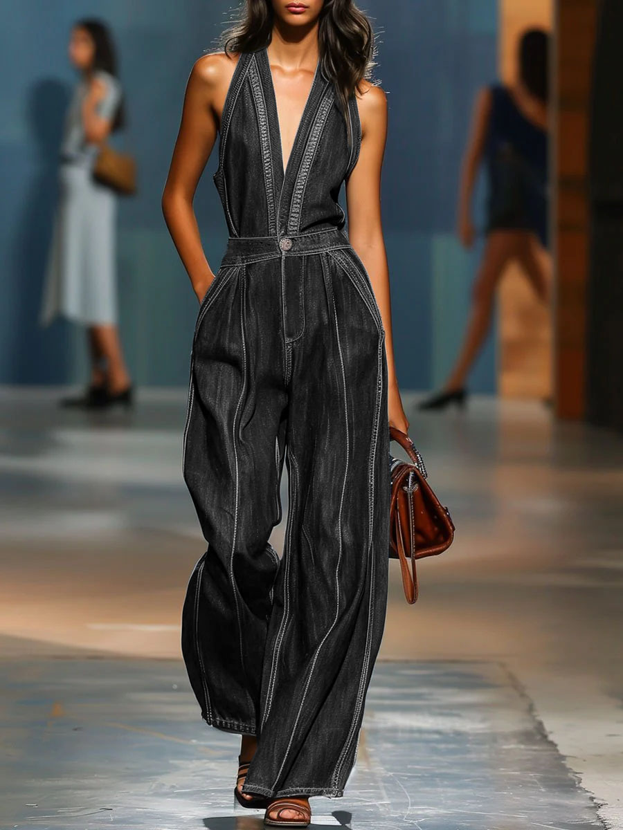 V-neck Sleeveless Casual Loose Denim Jumpsuit With Wide Legs