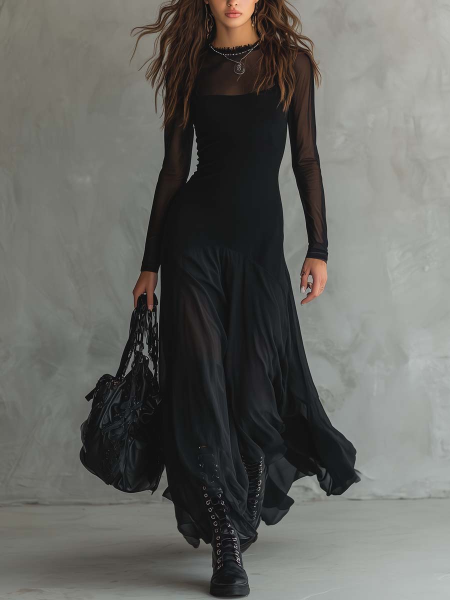 Retro Sheer Sleeves Maxi Dress