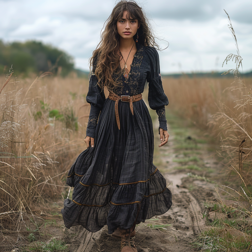 Vintage V-neck Floral Bohemian Pastoral Style Long-Sleeve Maxi Dress