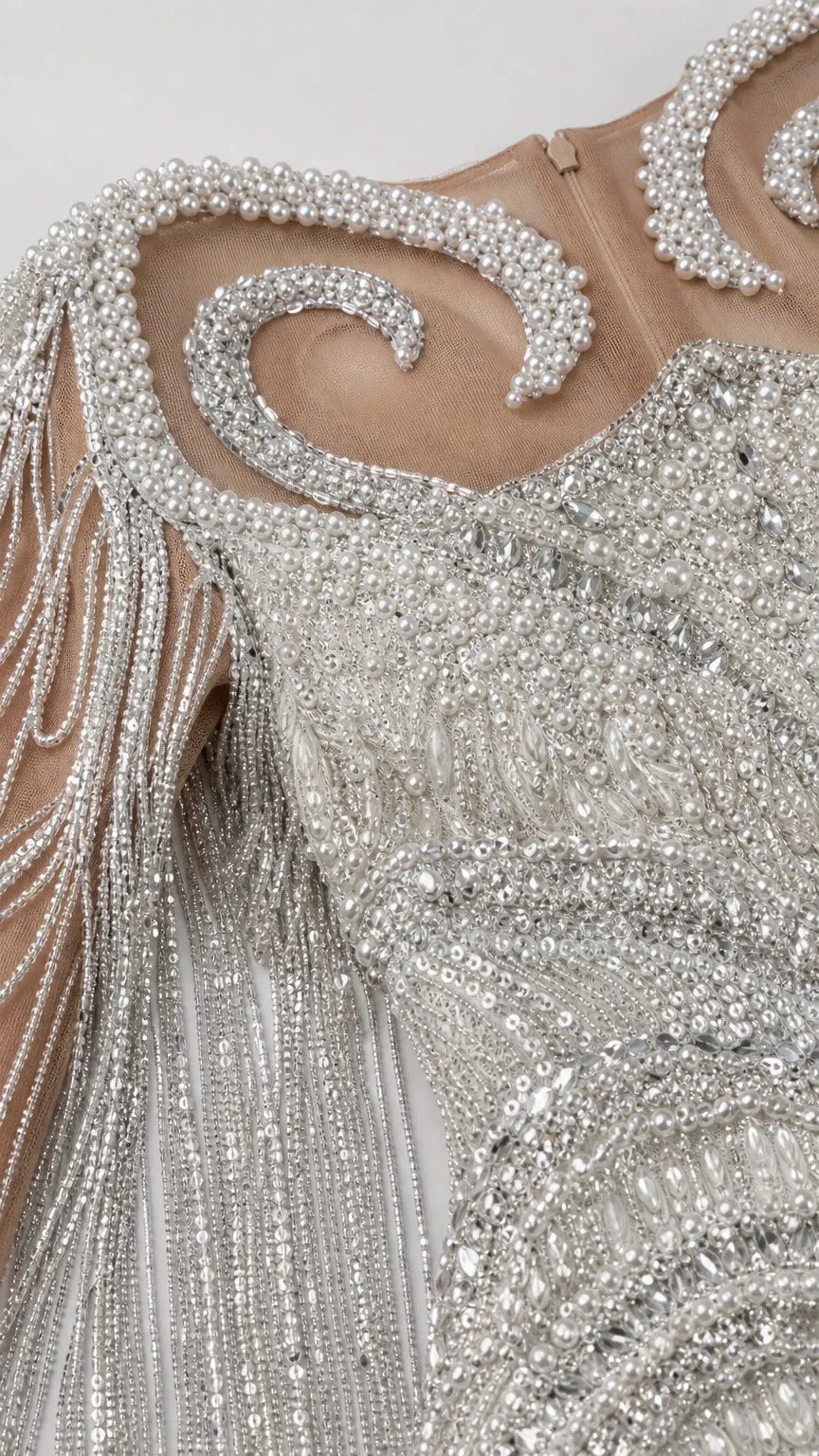 Luminous Fringe Cape Evening Gown