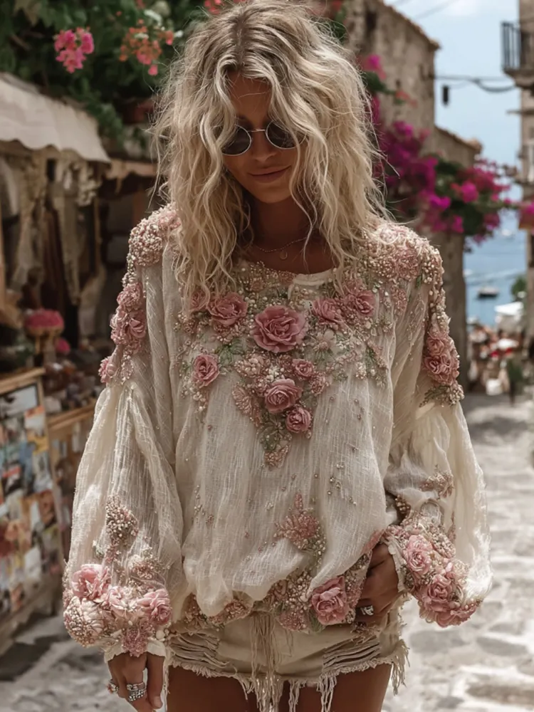 Women's Vintage Pink Rose Embroidery Casual Crew Neck Shirt