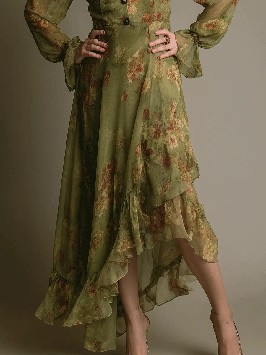 Vintage Romantic Boho Green Ruffle Hem Maxi Dress