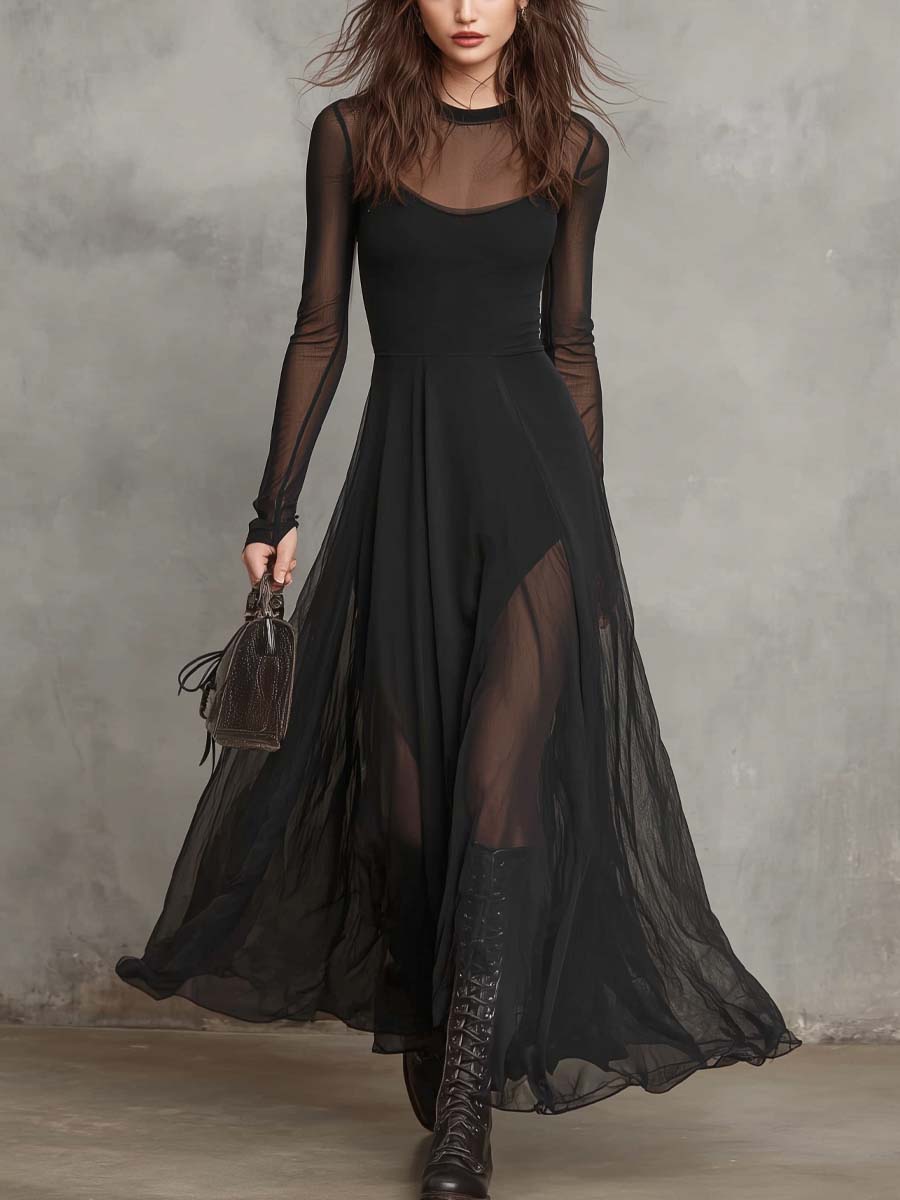 Retro Round Neck Sheer Fabric Maxi Dress