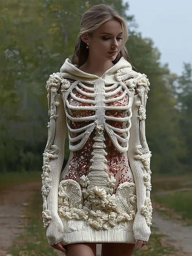 Women's Vintage Halloween Skeleton Bones With Glitter And Rose Art Cozy Knit Hooded Sweater Dress