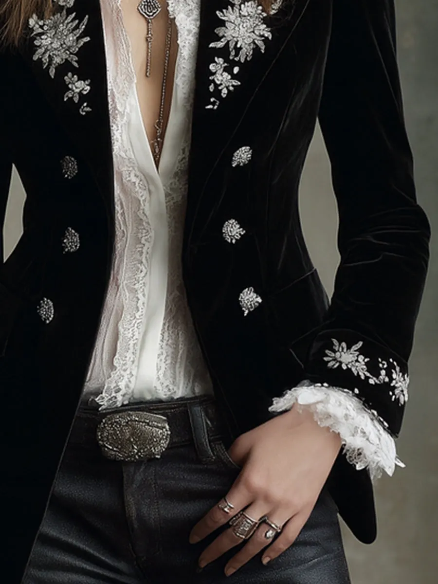 Vintage Embroidered Puff Sleeves Velvet Lapels Blzaer