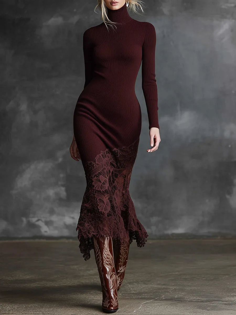 Elegant High-neck Lace Hem Burgundy Maxi Dress
