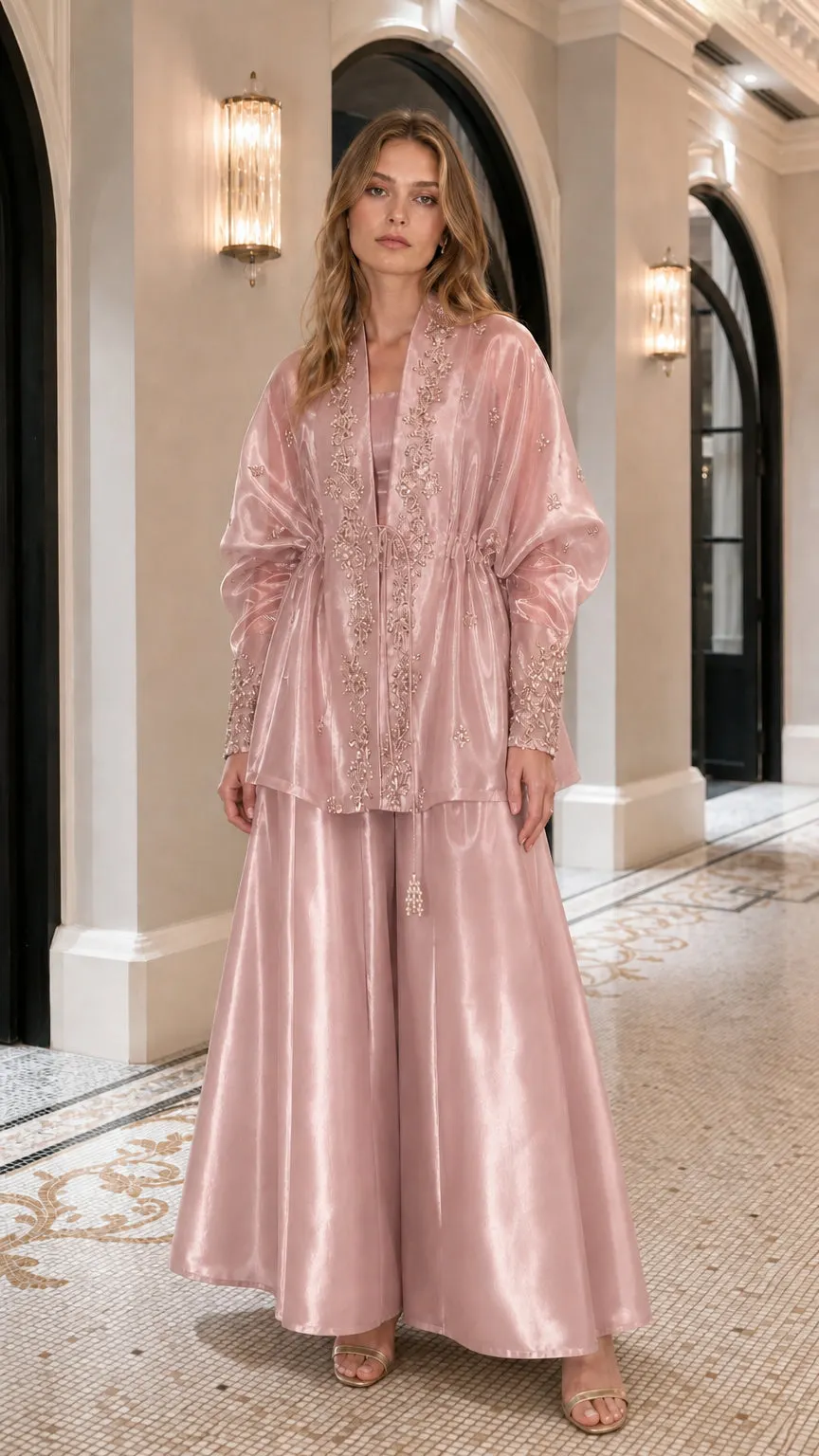 Metallic Overcoat and Wide-Leg Pants Set
