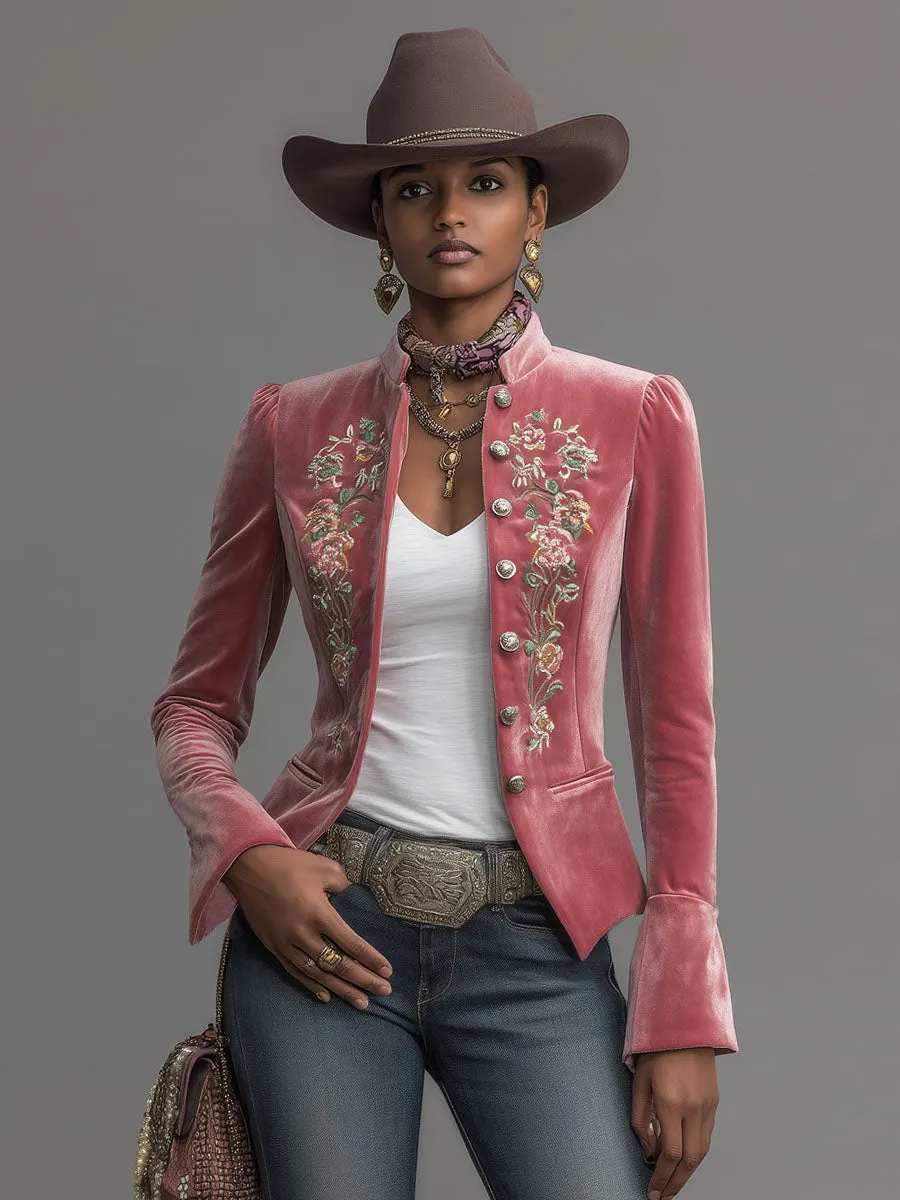 Western-style Stand-up Collar Single-breasted Floral Embroidered Velvet Jacket