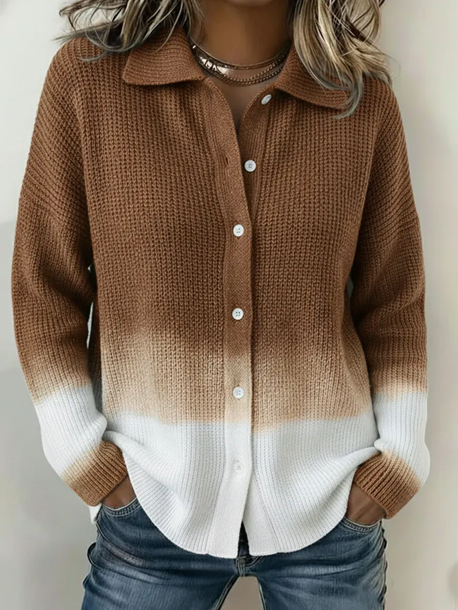 Casual Gradient Blue Shirt Button Knit Sweater