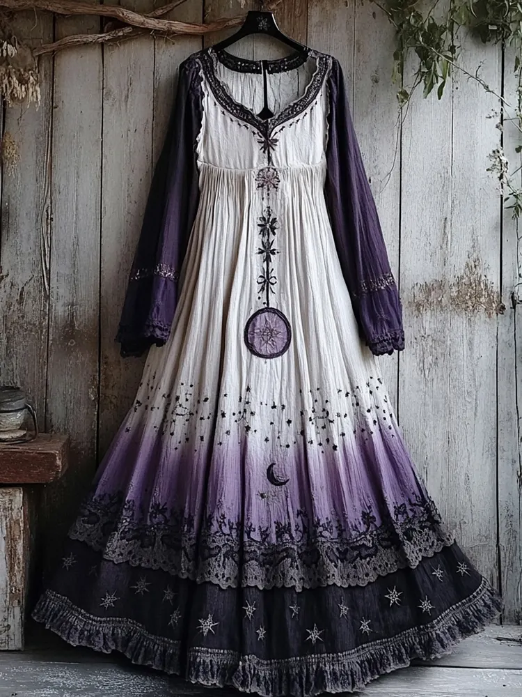 Women's Retro Tribal Star And Moon Gradient Design Long Dress