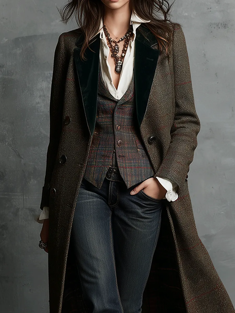 Heritage Vintage Tailored TweedVelvet Collar Detail Long Coat