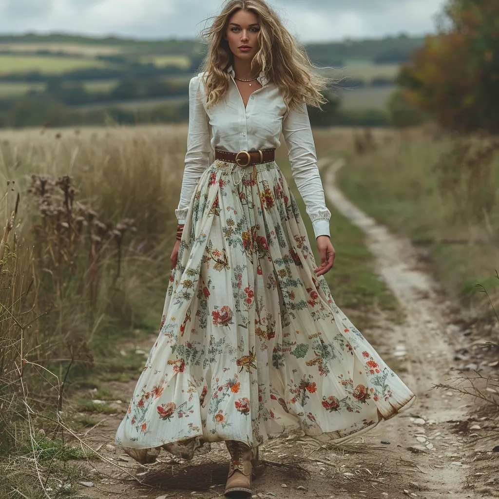 Retro V-neck Floral Long-sleeve Bohemian Pastoral Style Maxi Dress