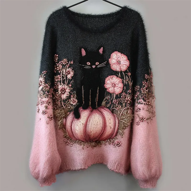 Black Cat & Pink Pumpkin Floral Embroidered Contrast Fuzzy Cozy Sweater
