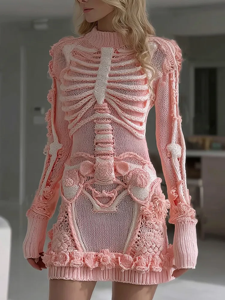 Women's Halloween Skeleton Bones Leather  With Rose Pattern Art Hot Sexy Style Cozy Knit Mini Sweater Dress