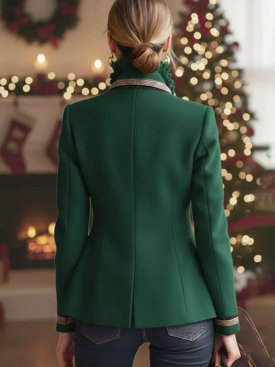 Ruffled Stand-up Collar Single-breasted Rose Embroidered Woolen Jacket