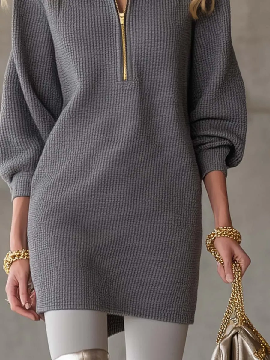 Exquisite Casual Lapel Front Zipper Three-quarter Sleeve Gray Waffle Mini Dress