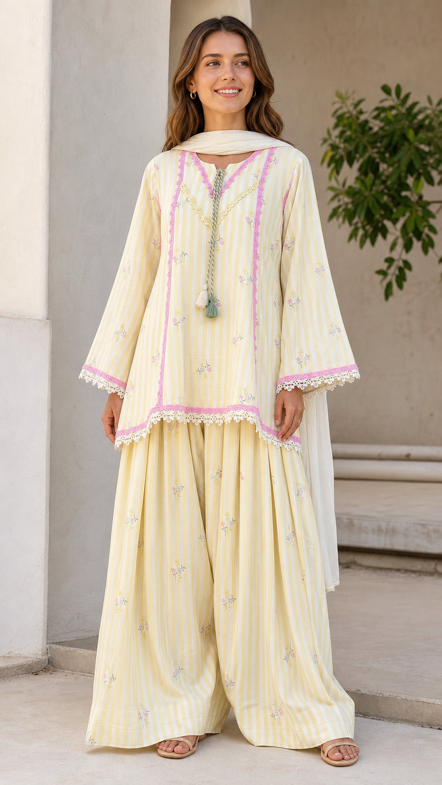 Ethnic Striped Kurti with Sharara and Dupatta Set