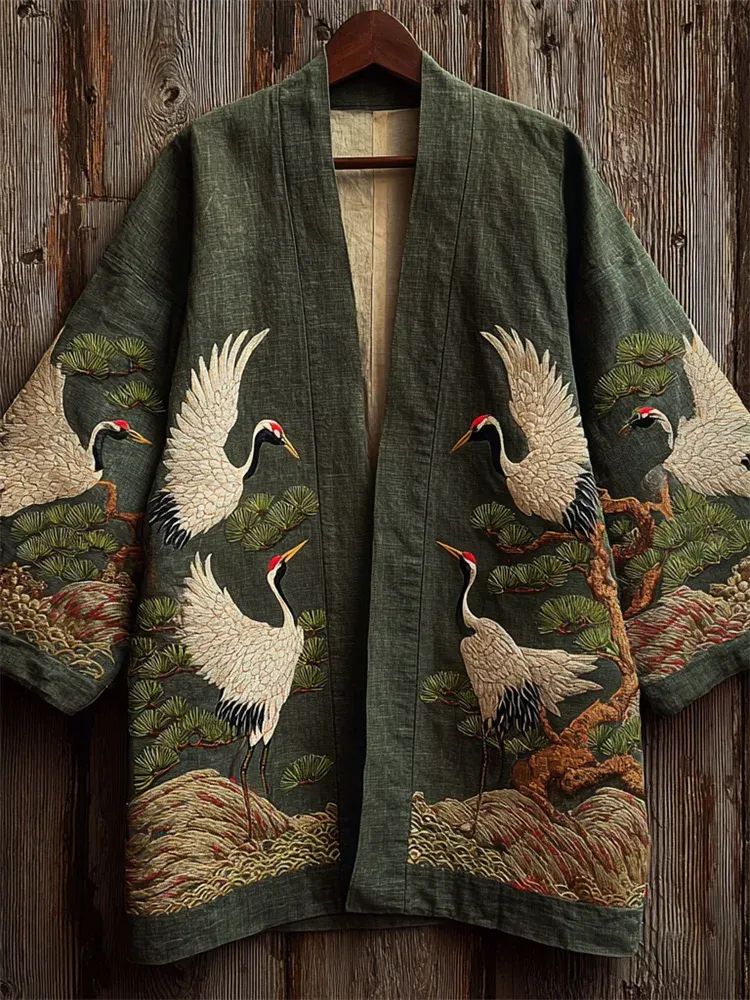 Japanese Cranes & Pine Trees Embroidered Linen Kimono Cardigan