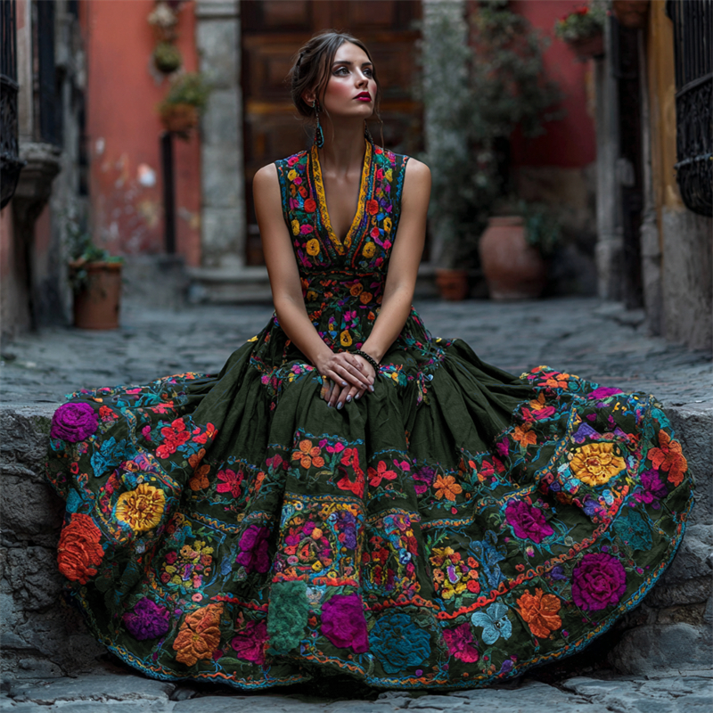 Day Of The Dead Mexican Floral Embroidered Linen Maxi Dress