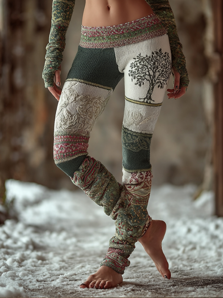 Viking Style Patchwork Embroidered Tree Of Life Leggings