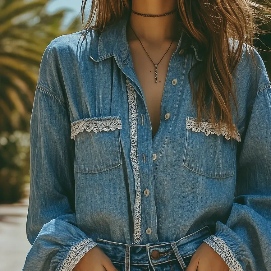 Casual Vintage Denim Long Sleeve Shirt
