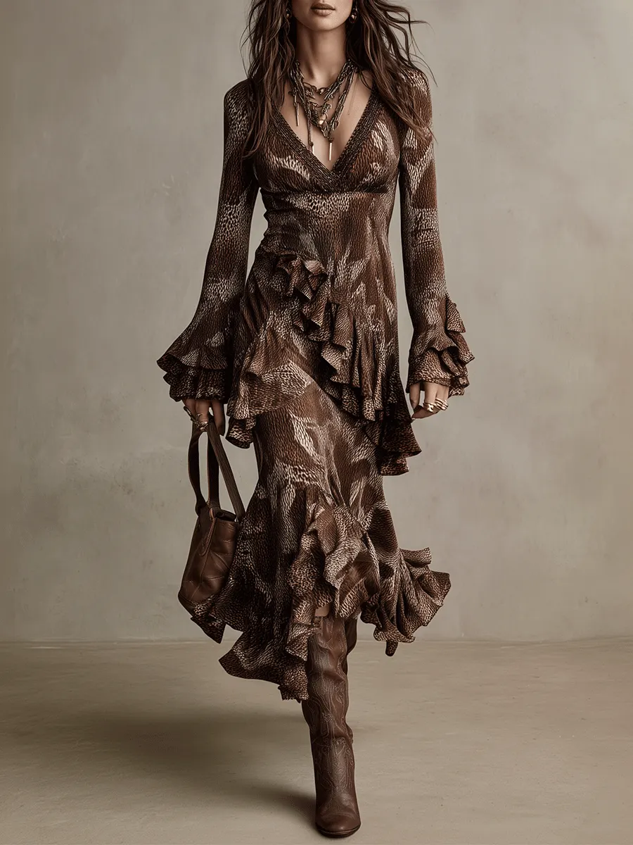 Vintage Brown Flounce Long Sleeve Gown Maxi Dress