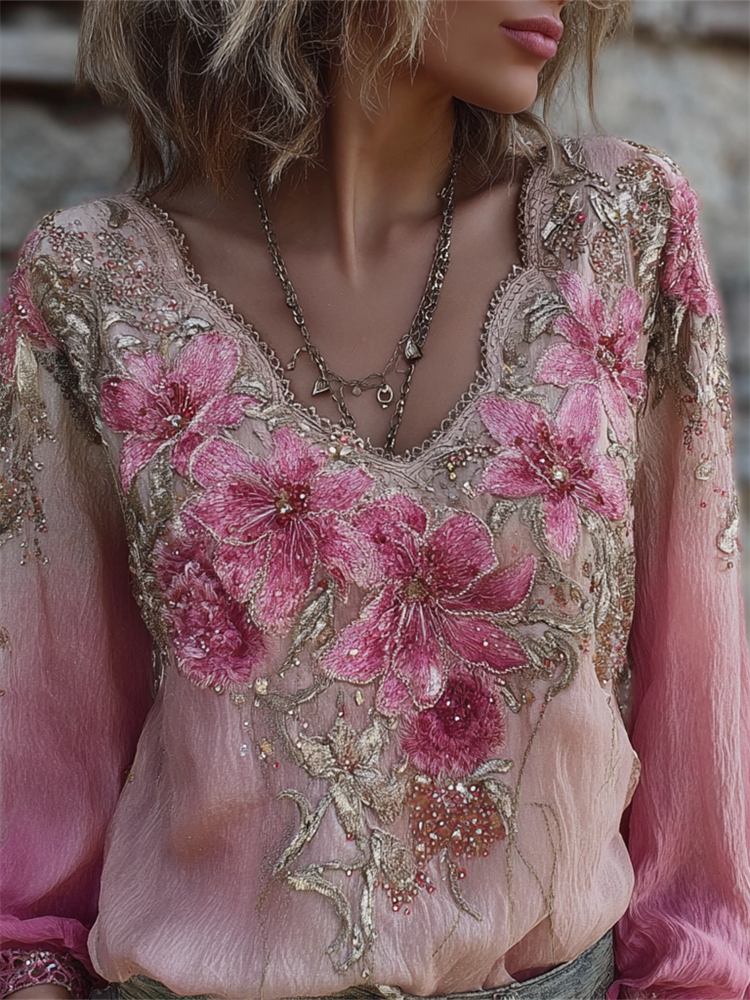 Boho Pink Lily Floral Glitter Gradient Flowy Linen Tunic