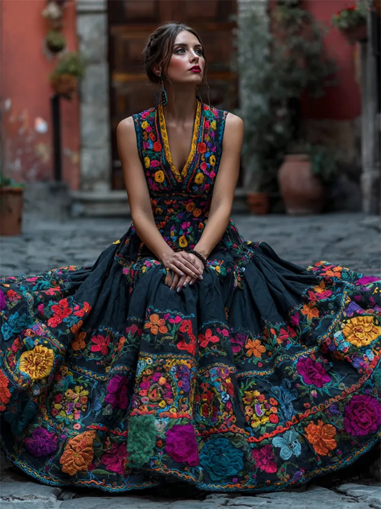 Day Of The Dead Mexican Floral Embroidered Linen Maxi Dress