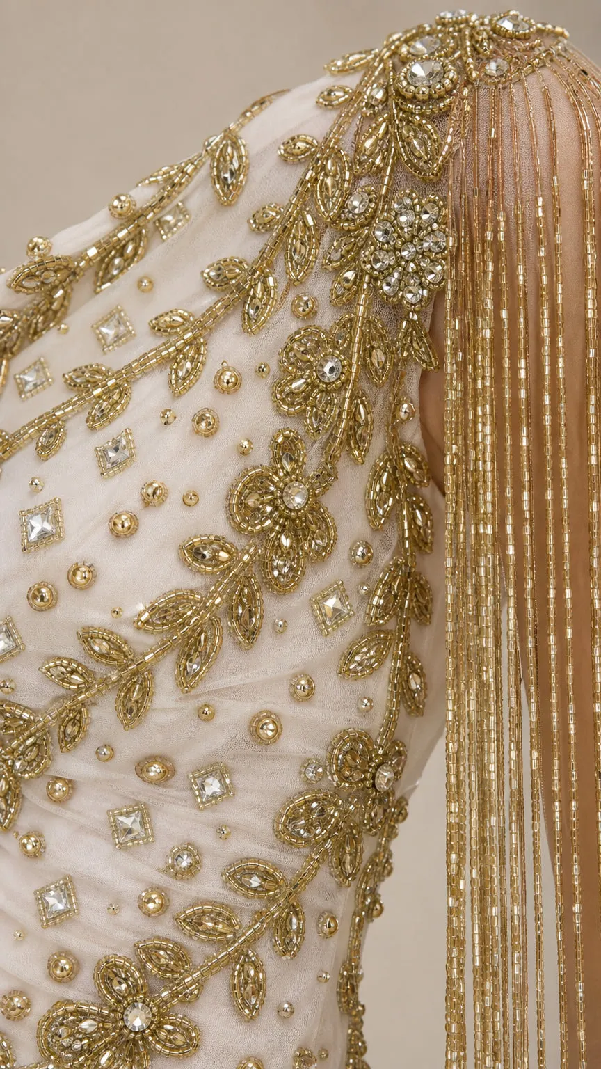 One-Shoulder Fringe Evening Gown