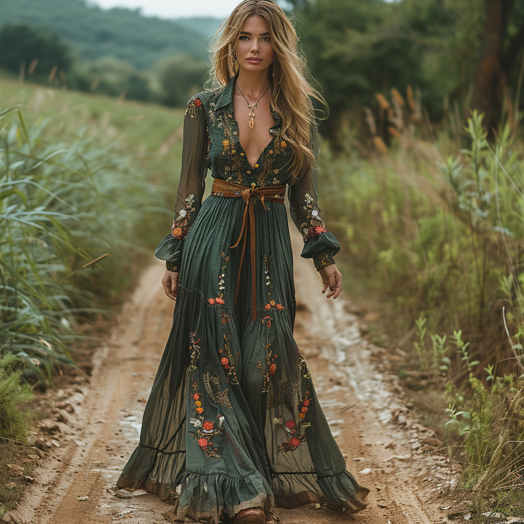 Vintage V-neck Floral Bohemian Pastoral Style Long-Sleeve Maxi Dress
