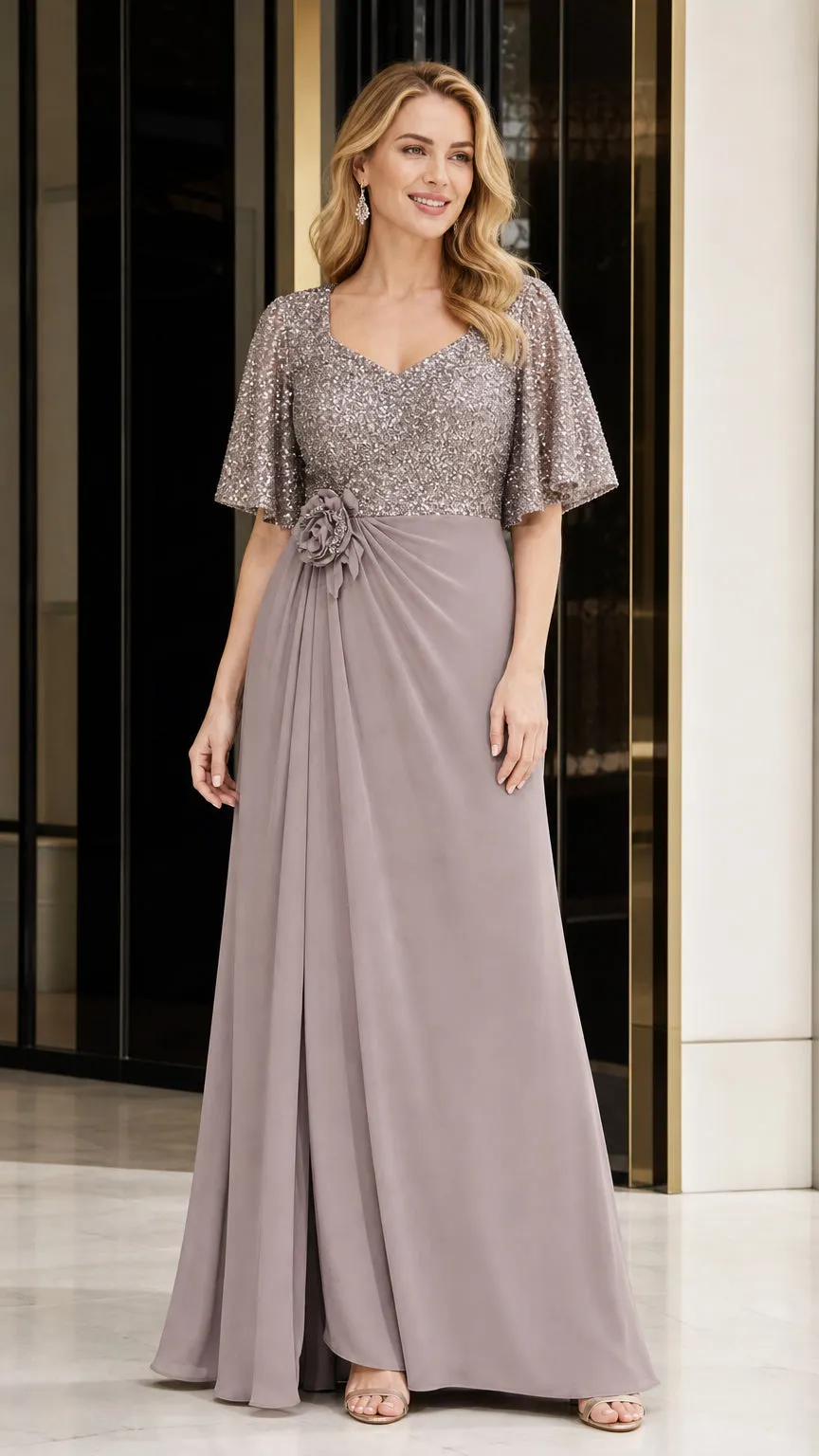 Elegant V-Neck Flare Sleeve Formal Evening Gown