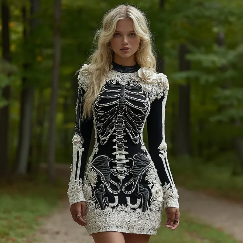 Women's Halloween Skeleton Bones Leather With Rose Pattern Art Hot Sexy Style Cozy Knit Mini Sweater Dress