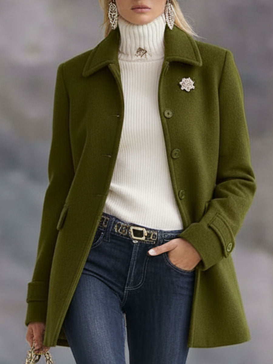 Casual Retro Olive Green Woolen Coat