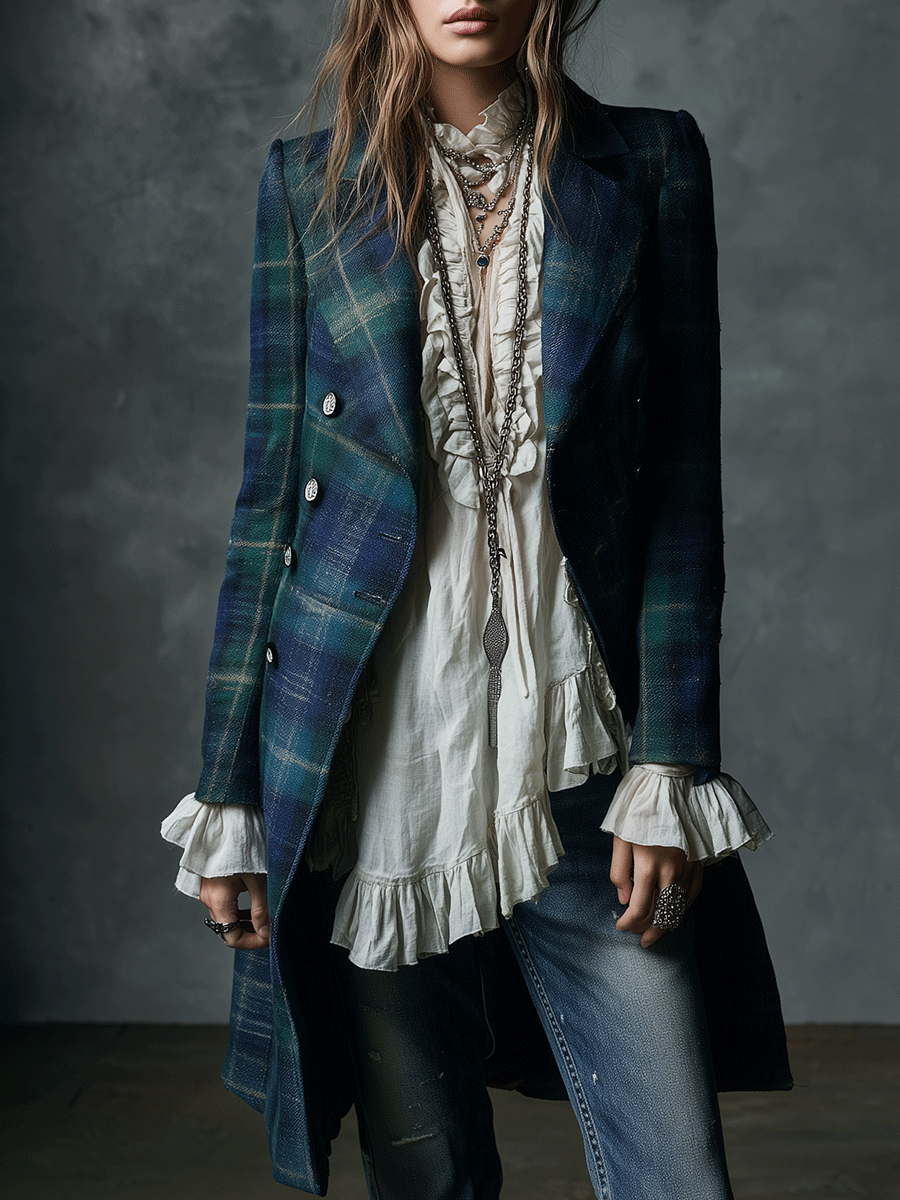 Vintage Tartan Wool-Blend Long Coat