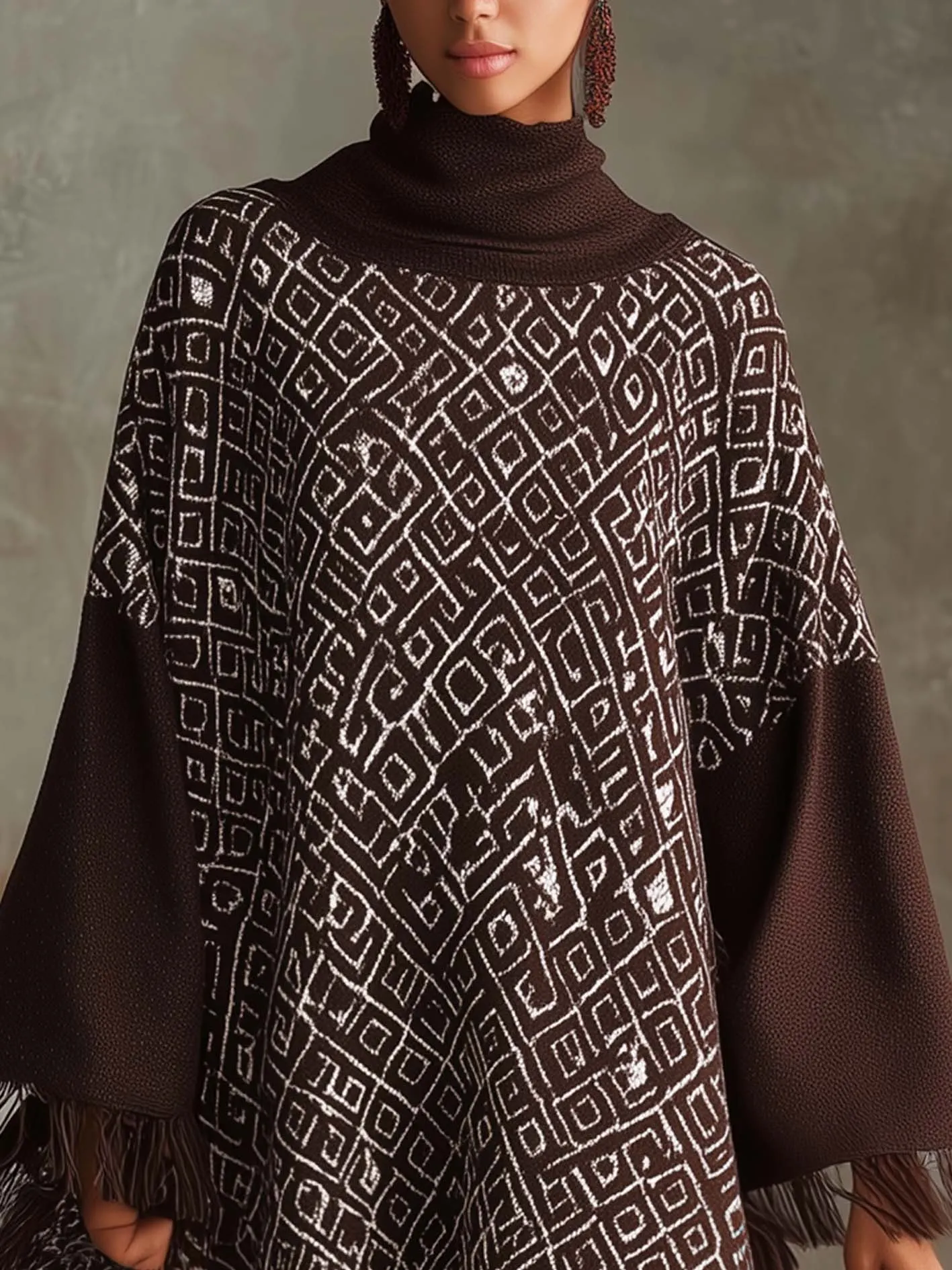 Chocolate Knitted Mini Dress With Retro Geometric Pattern