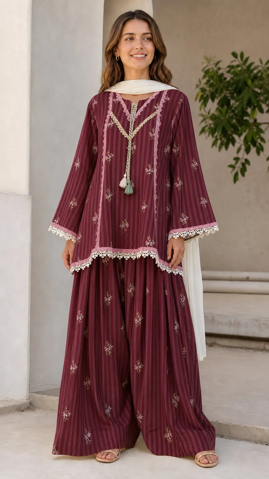 Ethnic Striped Kurti with Sharara and Dupatta Set