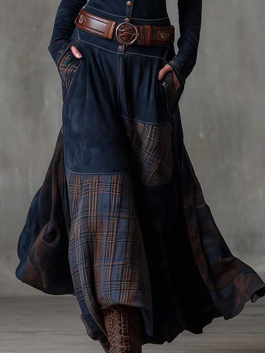 Navy Plaid Paneled Vintage Suede Maxi Dress