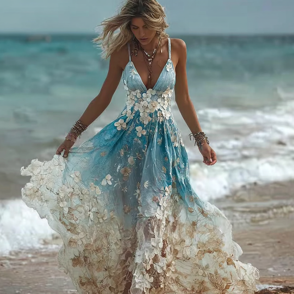 Bohemian Style Plant Flower Gradient Color Long Dress