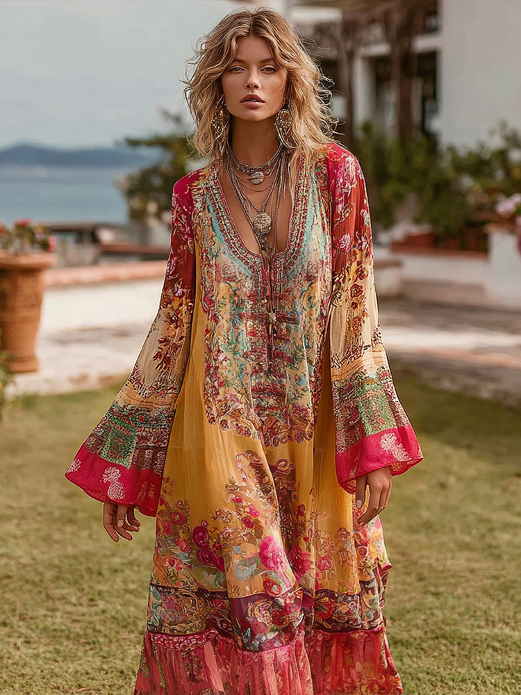 Women's Bohemian Floral Pattern Casual V-neck Long Sleeve Dress