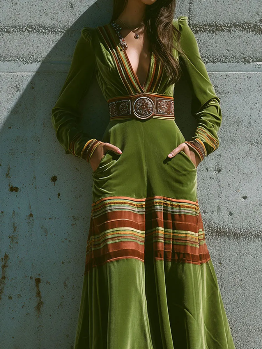 Boho Olive Green Velvet Striped Hem Maxi Dress