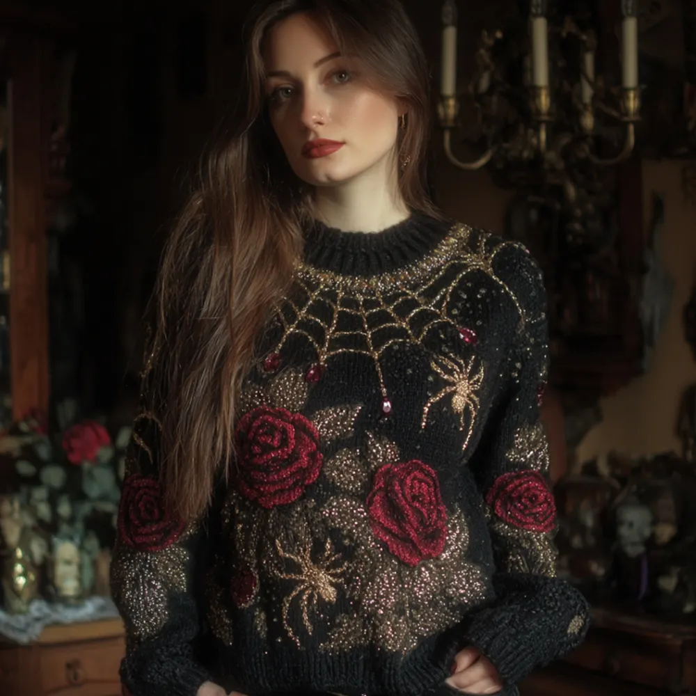 Halloween Antique Spider And Red Rose Vintage Round Neck Sweater