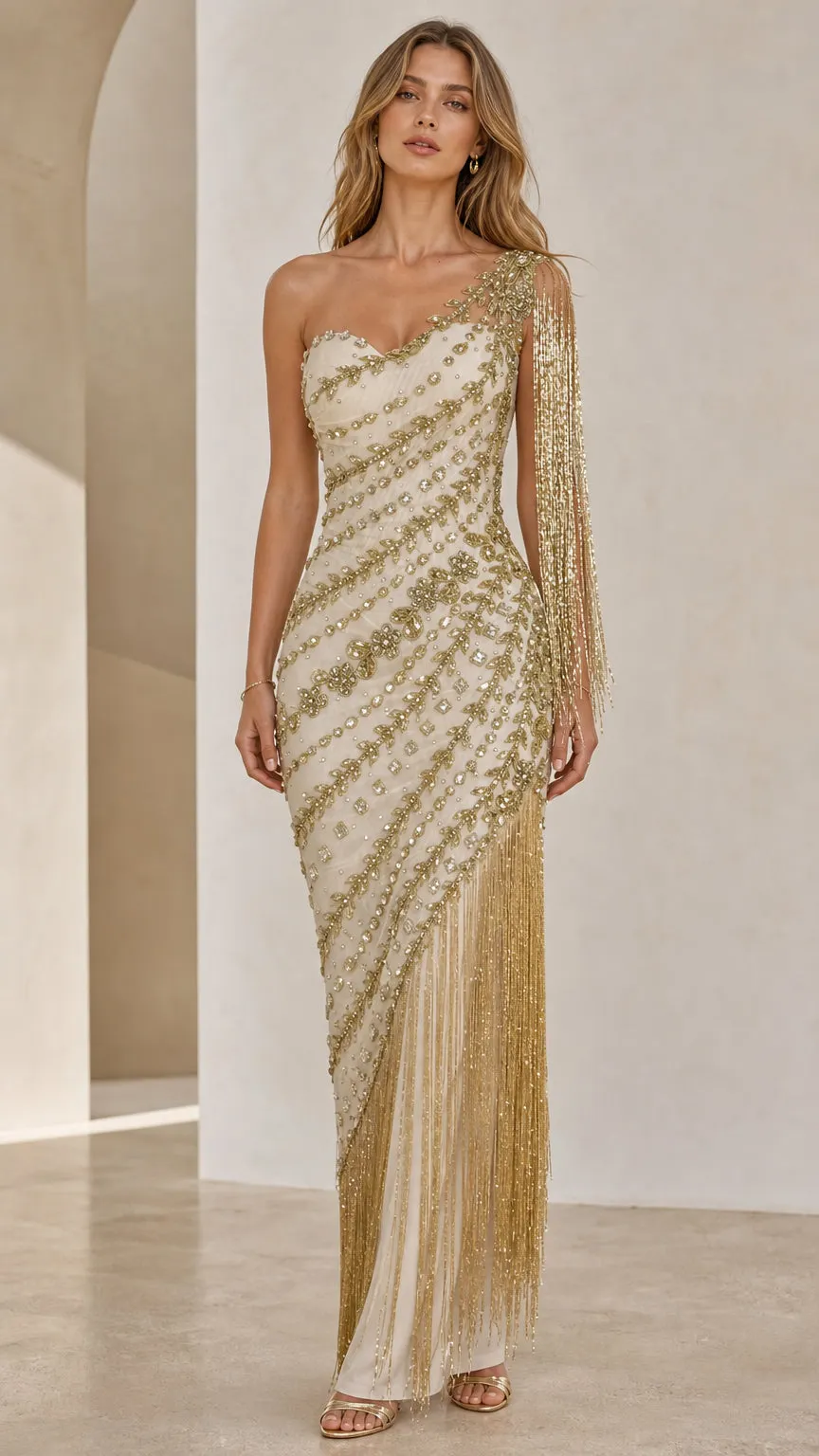 One-Shoulder Fringe Evening Gown