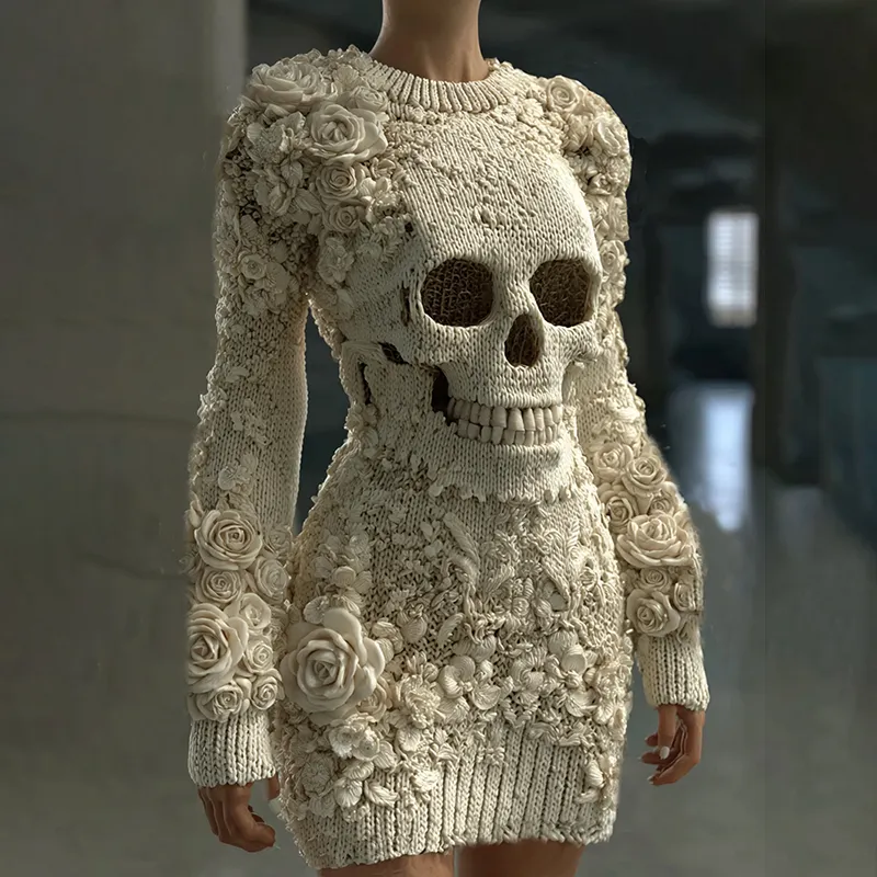 Women's Hot Sexy Style Halloween Skeleton Bones Leather With Rose Pattern Art Cozy Knit Mini Sweater Dress