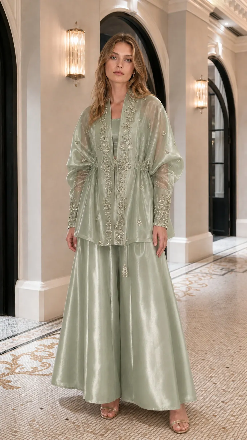 Metallic Overcoat and Wide-Leg Pants Set