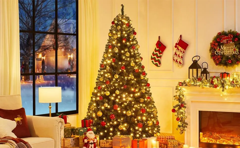 【Lush & Full】Yaheetech Multi-Size Snow Flocked Pre-lit Artificial Christmas Tree (4.5/6/7.5/9FT) with 250 Warm White Lights, 820 Branch Tips, Foldable Stand, Festive Home Decor for Holiday Decorating & Gifting