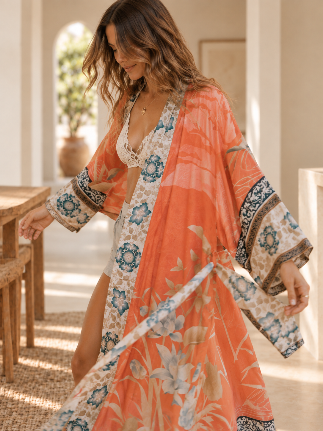 Bohemian Floral Belted Kimono Robe